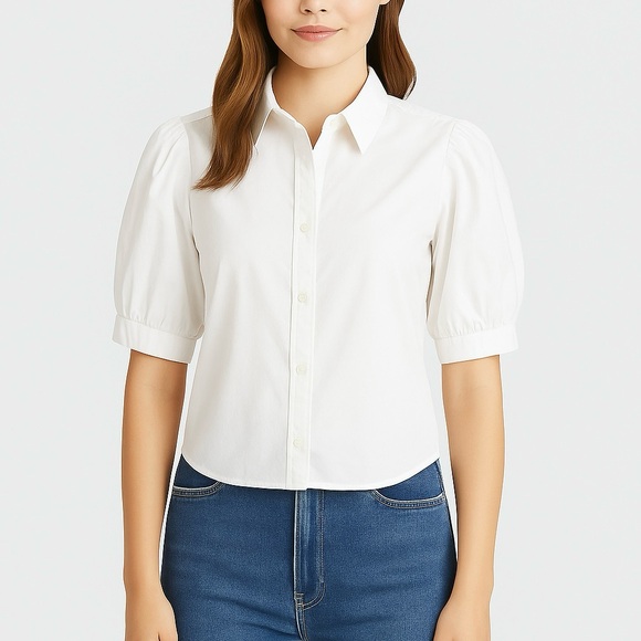 J.Crew Factory Puff Sleeve Button-Down Shirt Women L White Collared Cotton Blend - Picture 10 of 10